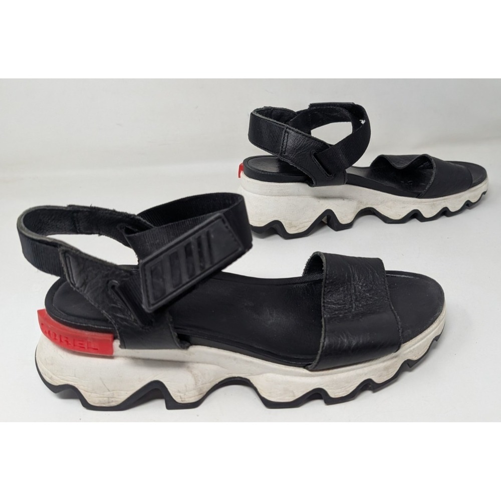 Sorel Womens Size 10.5 Kinetic Y Strap Wedge Sandals NL4962-010 Black/White/Red